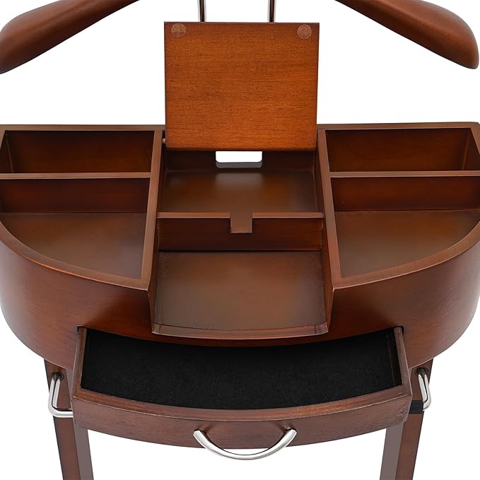Suit Valet Stands for Women and Men Clothes Wood Valet Stand with Base Freestanding Clothing Organizer Valet Stand Contour Hanger Trouser Bar Belt Hooks for Office Living Room (Brown)