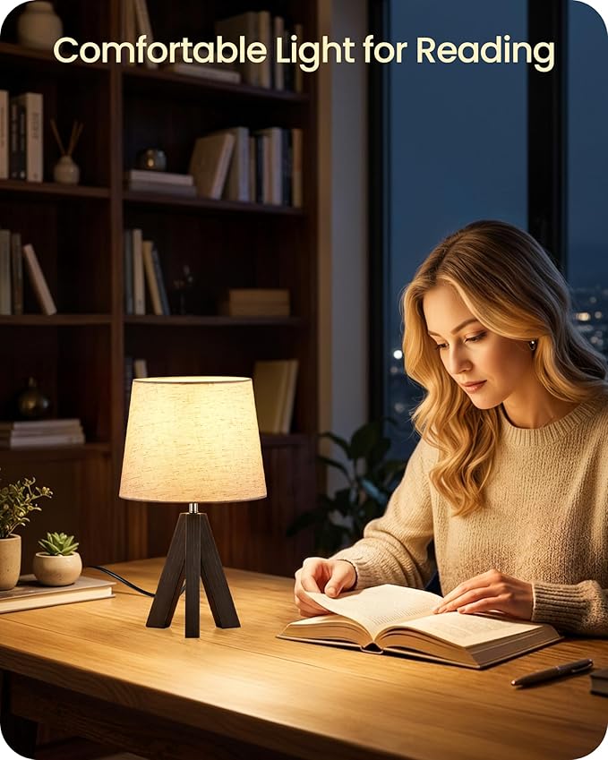 Tripod Table Lamp, 14.6 Inch Small Bedside Lamp with Beige Linen Shade & Dark Walnut Base, Modern Nightstand Lamp for Bedroom, Kids Room, Living Room, Nursery, Office, E26 Socket, VE51TL05