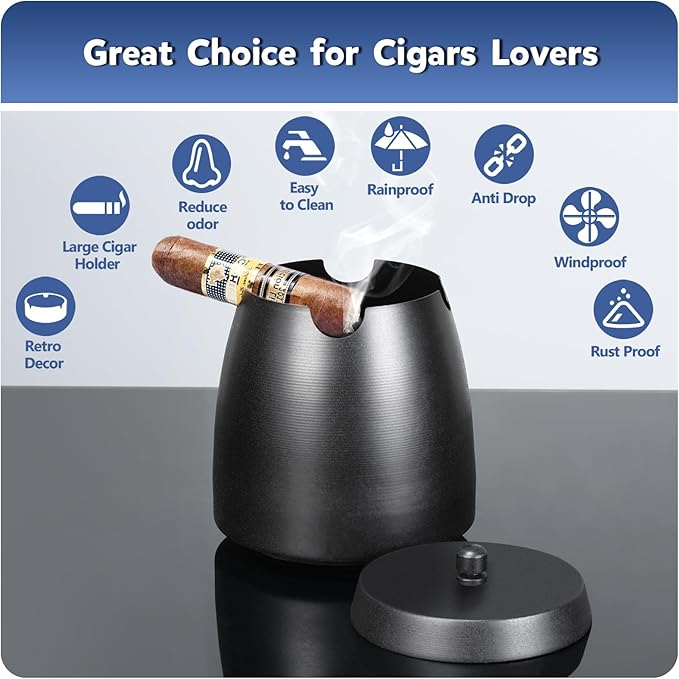 Cigar Ashtray with Lid for Outdoors Indoors Outside Patio Home Black Decor,Large Holder Ash tray Windproof,Cigar Accessories Gift for Men Dad Husband Boyfriend (Large)