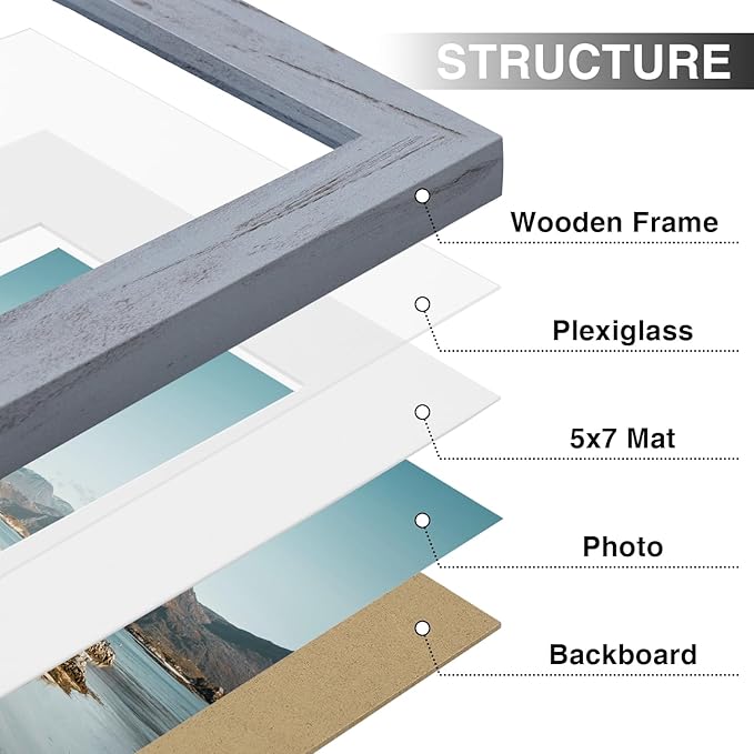 Vittanly 8x10 Picture Frames Set of 9, Shatter Resistant Plexiglass, Display 5x7 Pictures with Mat or 8x10 without Mat, Photo Frames for Wall or Tabletop, Engineered Wood, Vintage Blue-Gray