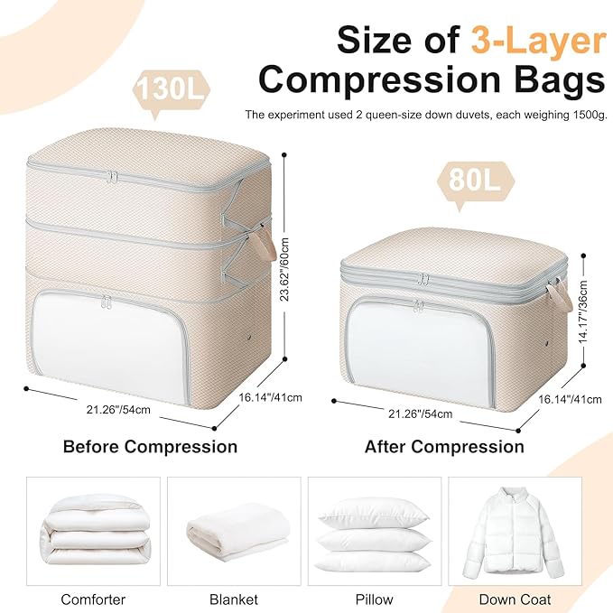 Comforter Storage Bag - 130L Blanket Storage Bags Front-opening Ultra Space Saving Self Compression Organizer, Washable Compression Bags for Storage Comforter Blanket, 1 Pack, Beige