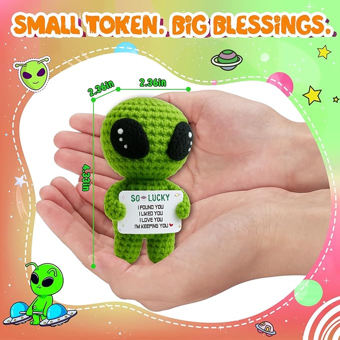MAMAGIFTREE I Love You Wedding Anniversary Present for Him Boyfriend Husband Fiance Wife Her with Small Card, Valentines Day Gifts Women Men - Romantic Theme Crochet Alien Decor