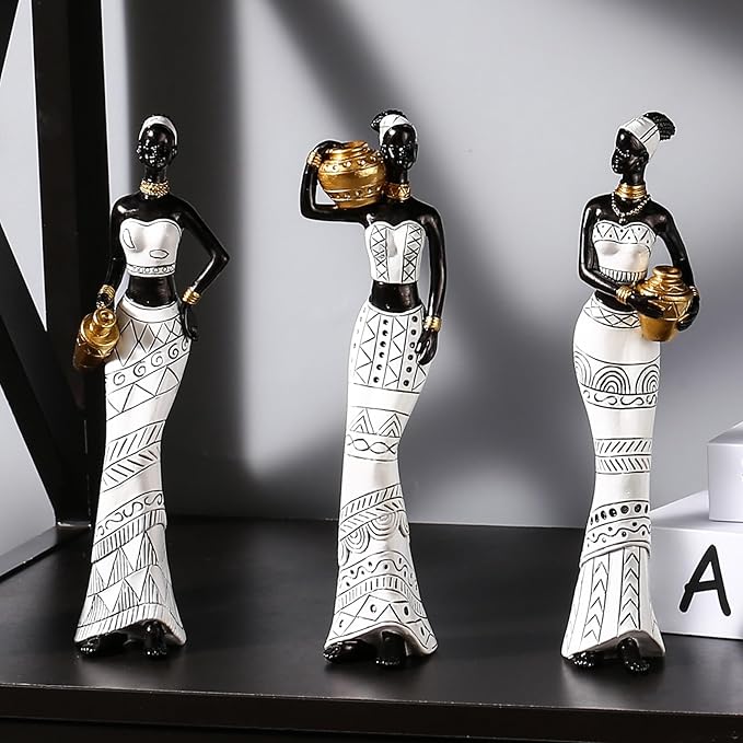 3 Pack African Art Sculptures- Vintage African Statues For Home Decor- Women's Tribal African American Figurines- Bookshelf, Office Decor- Deal For Birthday, Christmas, Thanksgiving, Mom Gifts-White