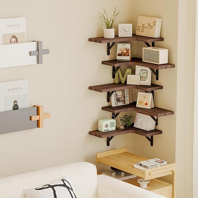 Fixwal Floating Shelves for Wall Set of 5, Rustic Wood Wall Mounted Corner Shelf for Bathroom, Kitchen, Bedroom, Home Decor, Laundry Room, Living Room (Walnut Brown)