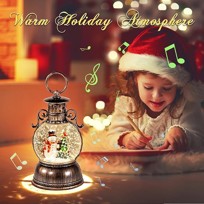 Christmas Snow Globes Lantern Musical,6H Timer Cylinder Glitter Snow Globe,Bronze Snow Globes Christmas with Music Box Including 8 Songs,Lantern with Xmas Tree Snowman Decor