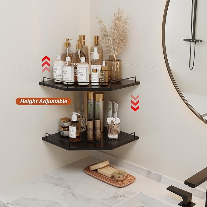 JJL Corner Shelf Wall Mounted, 12 Inches 2-Tier Floating Corner Shelf, Hexagon Rustic Wood Decor with Fence, Black Wall Storage for Apartment Bedroom Kitchen Bathroom