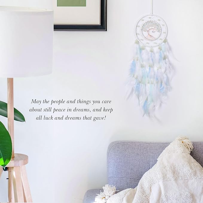 Pretty Jolly White Tree of Life Dream Catcher Wall Decor with Luminous Beads Handmade Crystal Stones Dreamcatchers Wall Hanging with Small Butterfly Pendant for Bedroom Wedding Party Wish Gift