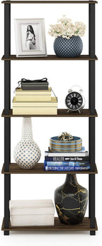 Furinno TURN-S-TUBE Book Shelf, 5-Tier Toolless Storage Shelves with Square Tubes, Shelving Unit for Organization and Storage for Living Room, Home Office, Columbia Walnut