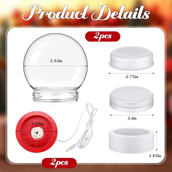 Irenare 2 Set Valentine's Day DIY Snow Globes Set Warm Light Make Your Own Snow Globe with LED Light Red Wooden Base Clear Plastic Globe Kit for Valentine's Day Gift