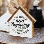 2026 Housewarming Gifts, New Home Gift Ideas, New Beginnings House Shaped Wooden Block Sign, Home Living Room Decor for Desk Table Shelf