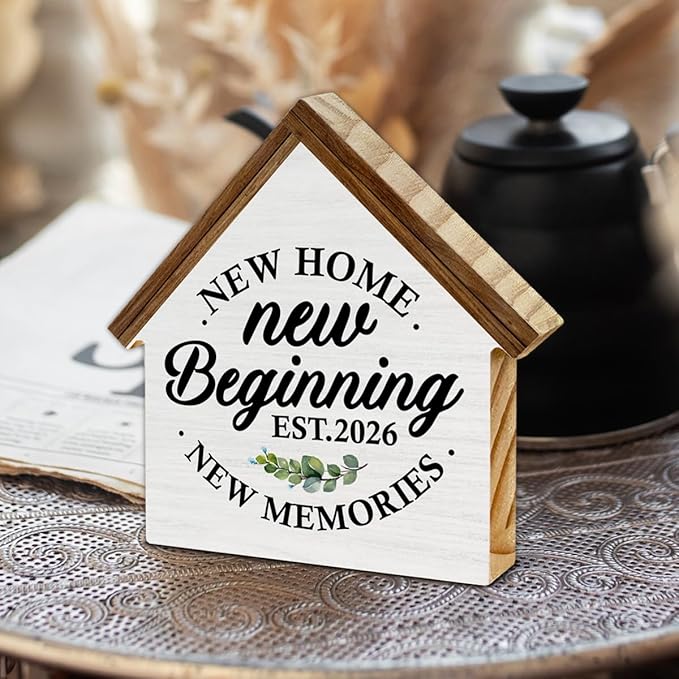 2026 Housewarming Gifts, New Home Gift Ideas, New Beginnings House Shaped Wooden Block Sign, Home Living Room Decor for Desk Table Shelf