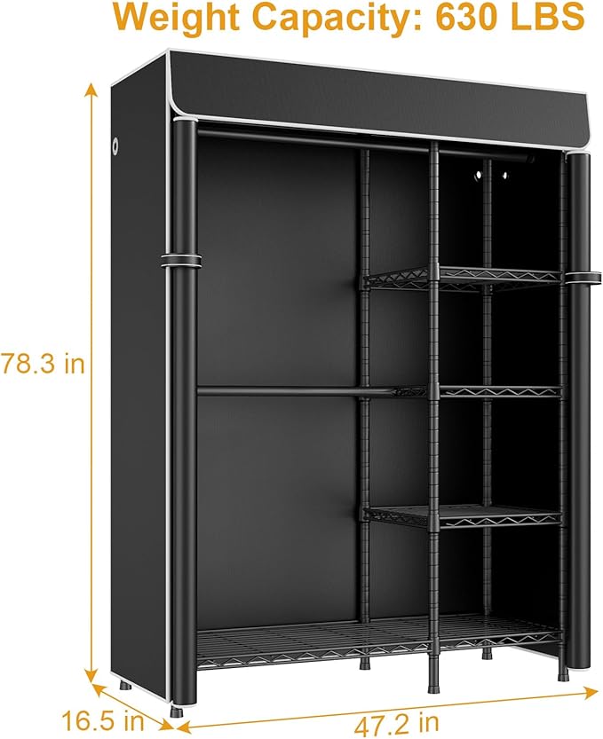 F2C Clothes Rack with Cover, Clothing Racks for Hanging Clothes, Heavy Duty Garment Rack with Shelves and Hanger Rods, Black Closet with Black Cover, 47.2" W x 16.5" D x 78.3" H, Load 630lbs
