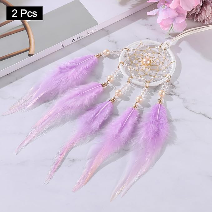 uxcell 2pcs Dream Catchers, Small Handmade Feather Dreamcatcher Supplies Car Charm with Crystal Beads Wall Hanging Decor for Home Car Decoration Ornament Women Friend Gift, Light Purple