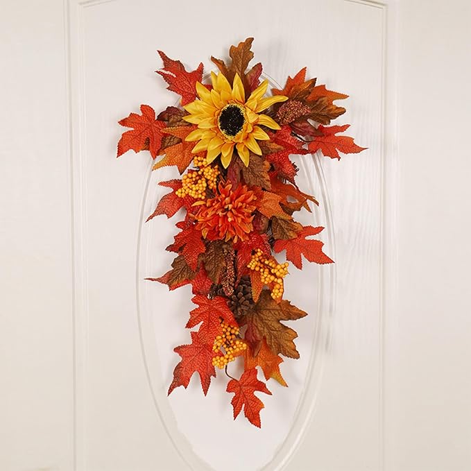 21.7Inch Artificial Fall Harvest Teardrop Swag for Front Door Orange Maple Faux Fall Leaves Hanging Vine with Pinecone Sunflower Harvest Autumn Floral Swag for Home Wall Decor
