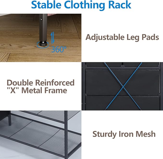 Auromie Heavy Duty Clothes Rack with 5 Drawers & 4 Storage Shelves, 70.9Hx59.1W Clothing Rack with 2 Hanging Rods, Wardrobe Closet Racks with 5 Hooks, Freestanding Garment Racks (Rustic Brown)