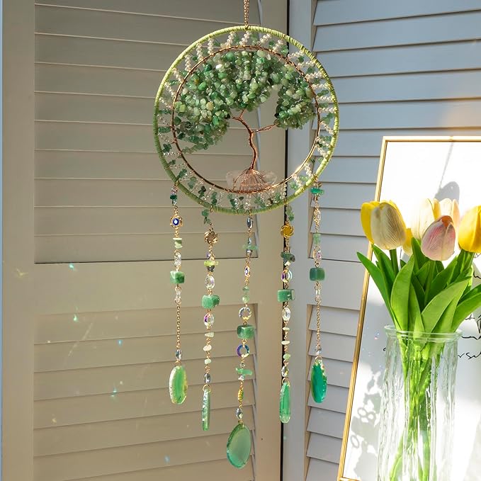 Tree Life Dream Catcher and Sun Catcher, Handmade Healing Crystal Boho Window Hanging for Home Decor, Rainbow Maker Wall Decor, for Women, Housewarming (Green)