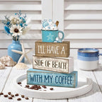 Lineshading 4 Pcs Summer Table Decorations Beach Coffee Bar Wooden Block Sign Blue Rustic Coastal Tiered Tray Decor with Coffee Cup Summer Centerpieces Decor for Beach Nautical Party Office Home