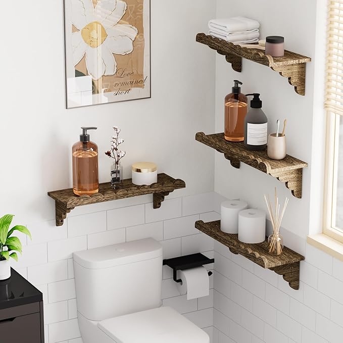 QsQueen Scalloped Wood Wall Shelf – 17 Inch Floating Shelf with Wood Brackets, Easy to Install Rustic Wall Shelf for Living Room, Bedroom, Bathroom, or Any Space