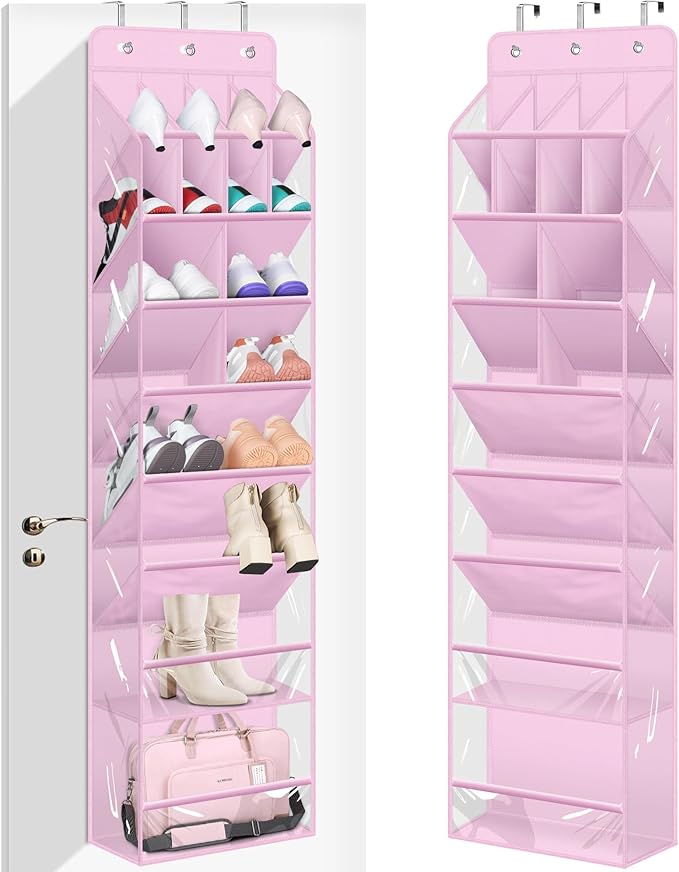 MISSLO Clear Over the Door Shoe Organizer Large Deep Pockets Hanging Shoe Rack for Closet Fit 20 Pairs Shoe Holder for Sneakers Boots Storage, Pink