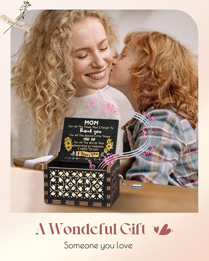 Swooflia Mother's Day Wooden Music Box for Mom with Sunflower Greeting Card - Hand Crank Engraved Musical Box Vintage Mechanism Personalized Gifts for Women On Birthday