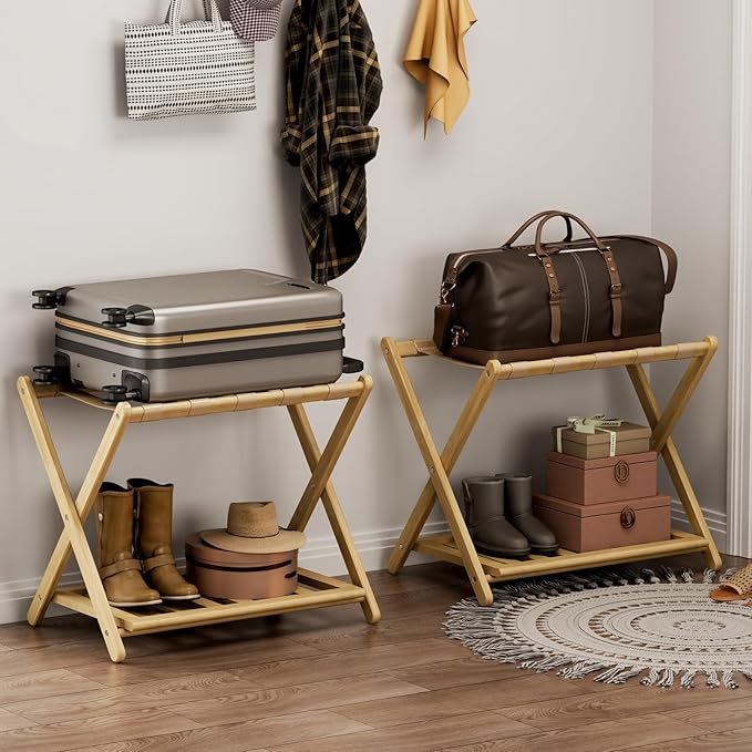 Fully Assembled Luggage Racks Pack of 2, Bamboo 26.77" Folding Luggage Rack Stand for Guest Room, 5 Nylon Straps, Suitcase Stand with Storage Shelf for Bedroom Hotel, Heavy Duty, Natural