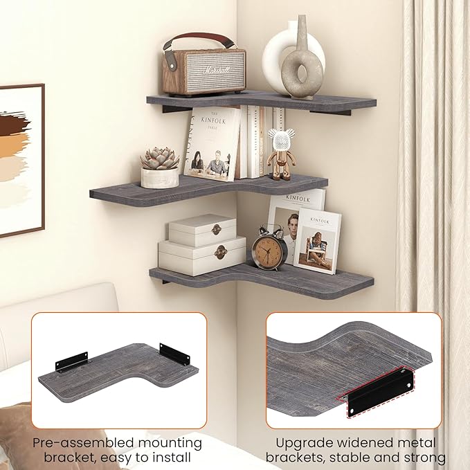 Homode Corner Shelves Wall Mounted, Set of 3 Floating Corner Shelves with Cord Hole, 3 Tier Wooden Hanging Shelves for Storage and Display, for Bathroom Kitchen Living Room, Rustic Grey
