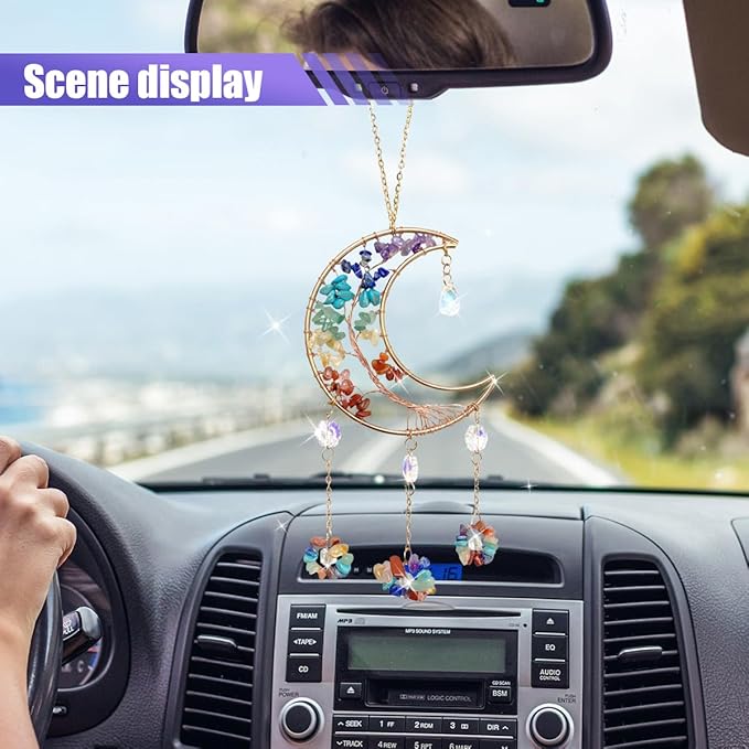 Colorful Moon Car Pendant, Sun Catcher Crystal Stone Craft, Dream Catcher Car Rear View Mirror Charm, Car Hanging Decorative Accessories, Car Interior Ornament for Room Window Wall
