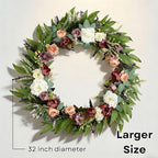 32 Inch Eucalyptus Wreaths with Roses, Hydrangeas, Lavender, Berries, Salal Leaves, Ferns, Dusty Miller, Green Summer Spring Wreaths for Front Door, Large Wreath for Porch Decor