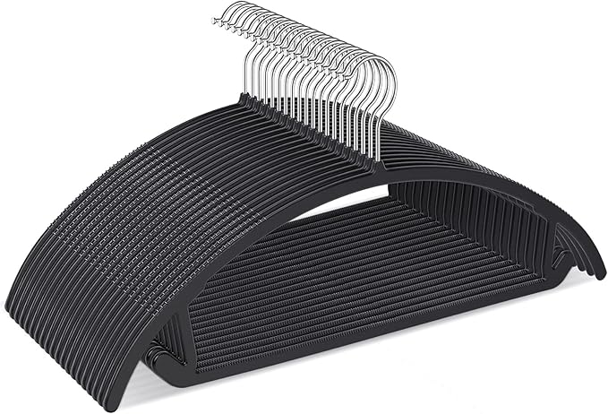 Ergonomic Curved Plastic Hangers 50pack - No Shoulder Bump Design, Non-Slip Grip for Delicate Fabrics, Heavy Duty Clothes Hangers, Holds Up to 11lbs - Ideal for Silk, Coats & Winter Wear(Black)
