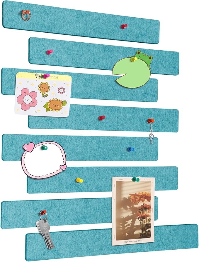 Cork Board for Walls - 8 Pack Felt Pin Board Bar Strips - Self-Adhesive Lightweight Bulletin Board - Cork Board for Office with 40 Push Pins No Damage for Wall (Lake Blue)