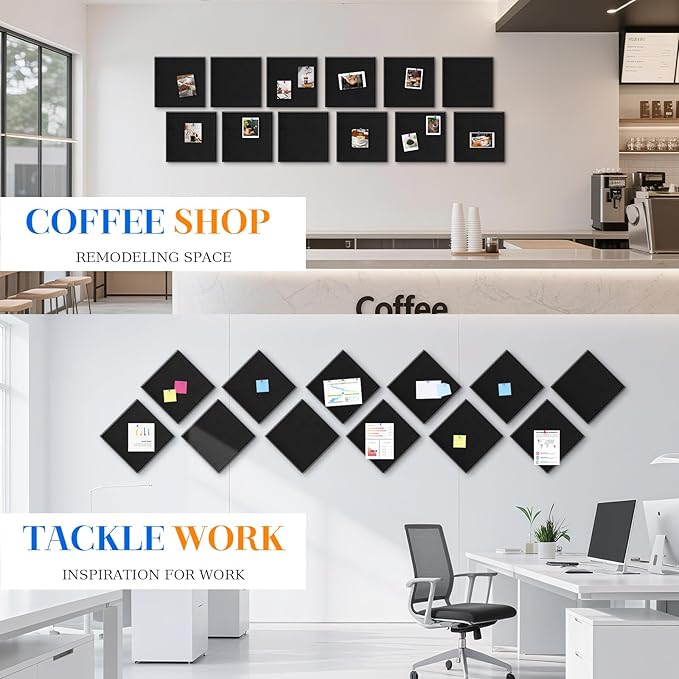 DOLLAR BOSS Large Cork Board for Wall 48" x 36" x 0.5" Bulletin Board 12 Packs Black Cork Board Tiles Self Adhesive Felt Wall Tiles with Pushpins, Corkboard for Office Pin Board Tack Board, Black