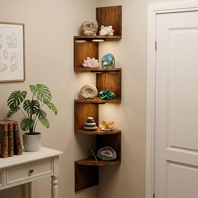 HAAYOT Corner Shelf Wall Mounted: 5-Tier Floating Shelves with Lights for Bedroom, Living Room, Home Office, Rustic Brown