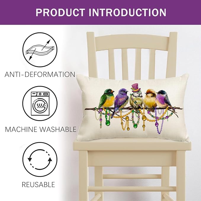 RABUSOFA Mardi Gras Pillow Cover 12x20 Inch Birds Beads Decorative Pillow Case Holiday Decorations for Home Sofa Couch
