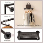 Industrial Pipe Clothing Rack with 2 Floating Shelves, 4 Hanging Rods Wall Mounted Garment Rack, Heavy Duty Iron Clothes Bar, Space-Saving Clothing Hanging Rails for Closet (4 hanging rods 2 shelves)