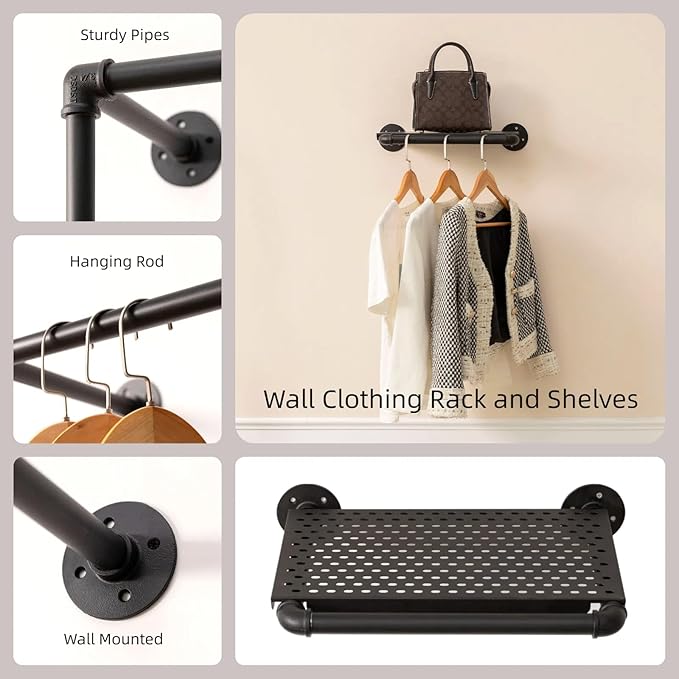 Industrial Pipe Clothing Rack with 2 Floating Shelves, 3 Hanging Rods Wall Mounted Garment Rack, Heavy Duty Iron Clothes Bar, Space-Saving Clothing Hanging Rails for Closet (3 hanging rods 2 shelves)