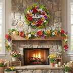 Valery Madelyn Spring Summer Wreaths for Front Door，Collapsible 24 Inch Door Wreath with Daisy Flower,Butterfly and “Welcome” Wood Sign Floral Wreath for Wedding, Wall, Home Decorations