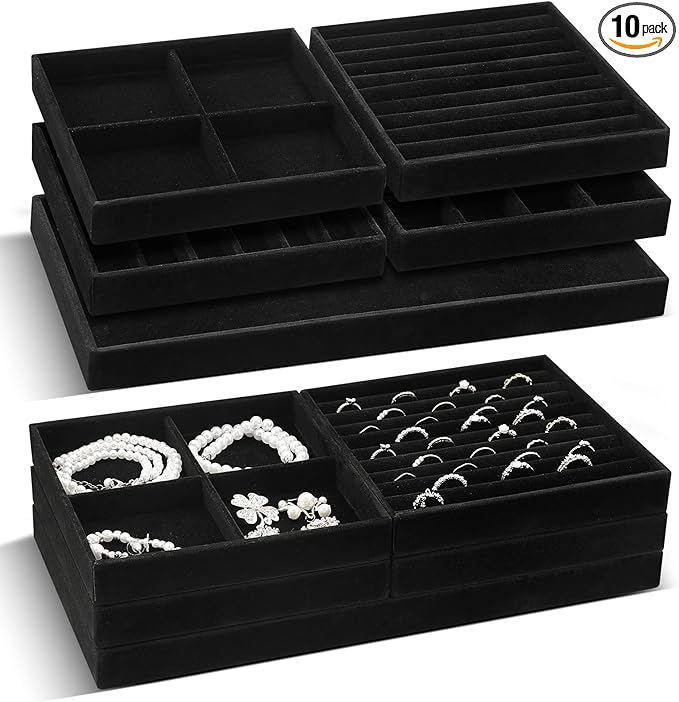 Set of 10 Stackable Jewelry Organizer Trays for Drawer 14 Inch Velvet Jewelry Drawer Insert Display Storage with Removable Divider for Necklace Earring Ring Watch Bracelet (Black)