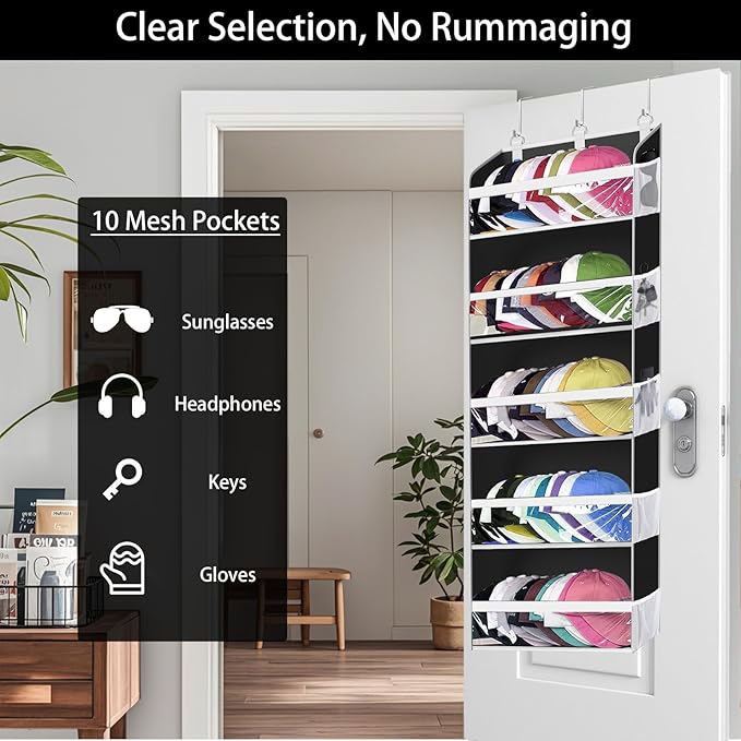 Over the Door Hat Organizer for Baseball Caps, Hold up to 60 Hats Rack Storage for Door/Closet/Wall, Clear Pockets Hanging Hat Holder for Baseball Caps with 10 Mesh Pockets, Black