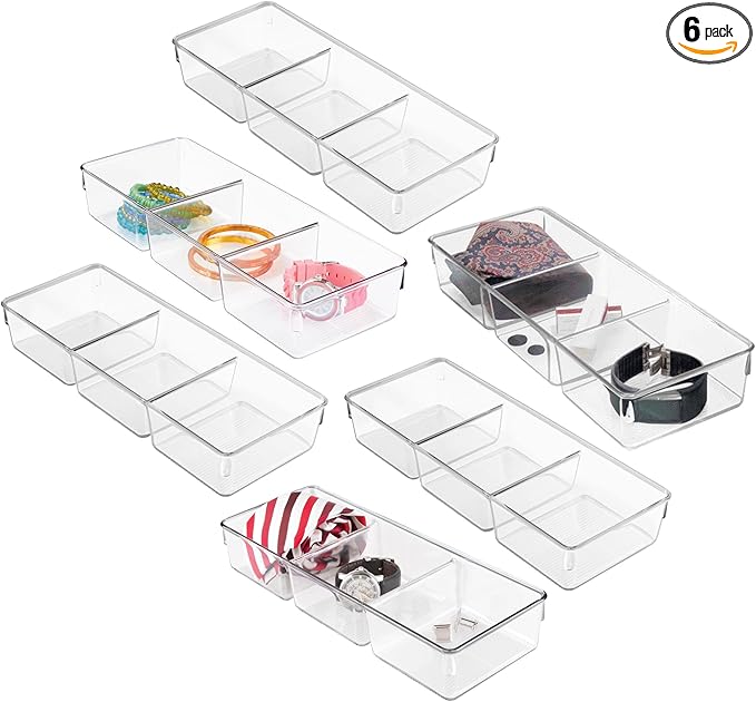 iDesign 3-Section Drawer Organizer for Kitchen, Bathroom, and Desk Drawers - Set of 6 - Clear
