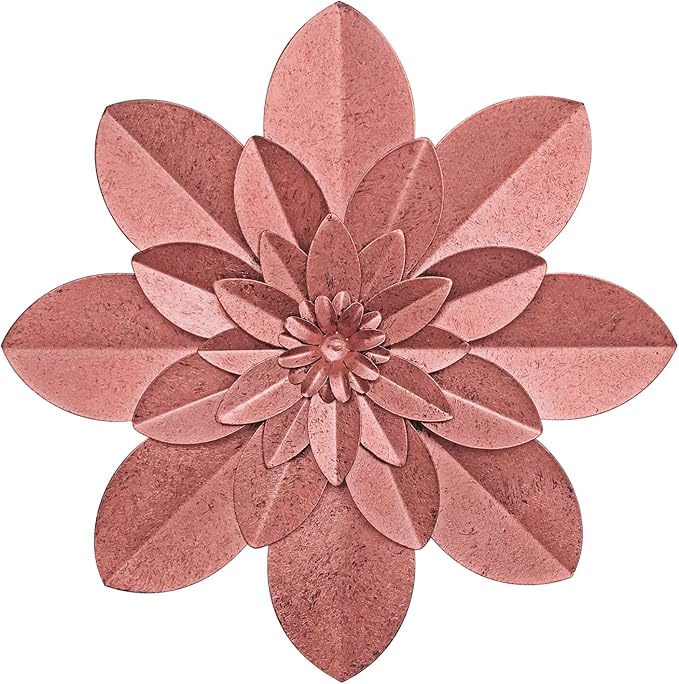Rose Gold Metal Flower Wall Art Decor, 9.5“ Rustic Modern Floral Sculpture, Distressed Iron Wall Hanging Home Decoration Accent Artworks for Indoor Kitchen Bedroom Living Room Office Outdoor Garden