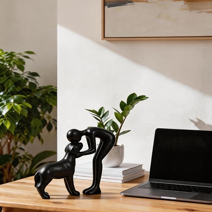 Abstract Resin Hand-Painted Sculpture of Person and Dog Bonding – Head-to-Head Intimate Figurine Decoration for Office、Living Room、Bedroom、Home， Memory Gifts for Pet Lovers (Black)