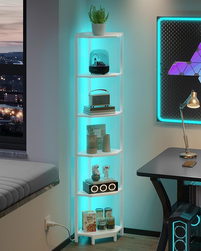 Hzuaneri Corner Shelf with LED Light, 6-Tier Corner Bookshelf, Tall Narrow Display Bookcase with Metal Frame, Standing Shelf for Small Space, Living Room, Home Office, Bedroom, White CS66613W