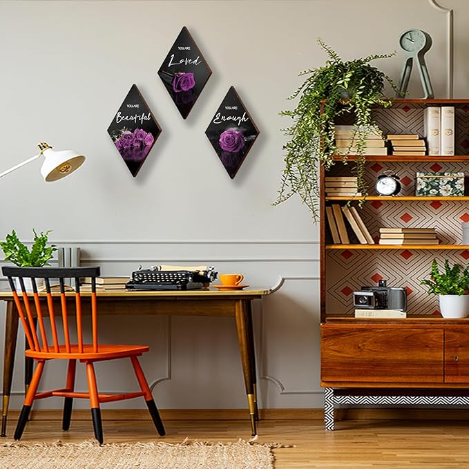 ONIZHITY 3-Piece Purple & Black Wall Decor - Rose Wooden Art with Positive Quotes for Bedroom, Bathroom & Wedding (12 x 7)
