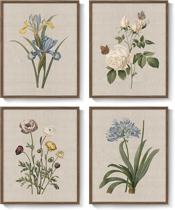Framed Botanical Wall Art for Bathroom, 4 Piece Vintage Floral Canvas Painting Prints Artwork Farmhouse Wall Decor, Rustic Flower Butterfly Pictures for Bedroom Kitchen Hallway Home Decor, 8x10 Inch