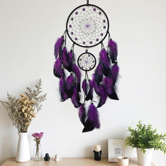 Purple and Black Dream Catcher Wall Decor Feather Dream Catchers with Luminous Bead Handmade Dreamcatcher Wall Hanging Ornament for Bedroom Living Room Home Decor