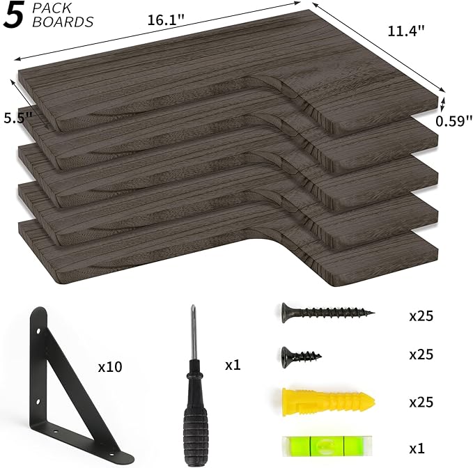 Fixwal Floating Shelves for Wall Set of 5, Rustic Wood Wall Mounted Corner Shelf for Bathroom, Kitchen, Bedroom, Home Decor, Laundry Room, Living Room (Weathered Grey)
