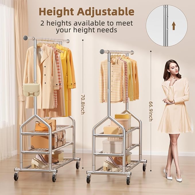 EAGMAK Heavy Duty Clothes Rack Load 688 LBS, Rolling Clothing Rack With 3 Shelves, Adjustable Metal Clothes Hanger with Wheels Portable Wardrobe Organizer Garment Rod for Hanging Clothes (Silver)
