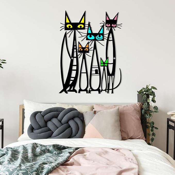 Wesiti Cat Wall Art Decor Iron Wall Sculptures Decor for Cats Lover 10.6 x 15.7 Inches Colorful Mid Century Cat Retro Signs for Home Living Room Bedroom Kitchen Office(Fashion)