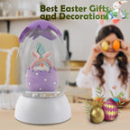 Gnome Easter Snow Globe, Easter Bunny Snow Globe Eggs Spring Decor with Swirling Glitter, 6H Timer, USB or Battery Powered, See No Evil Gnome Snowglobe for Tabletop Decor Gift 7.4 Inch (Purple)