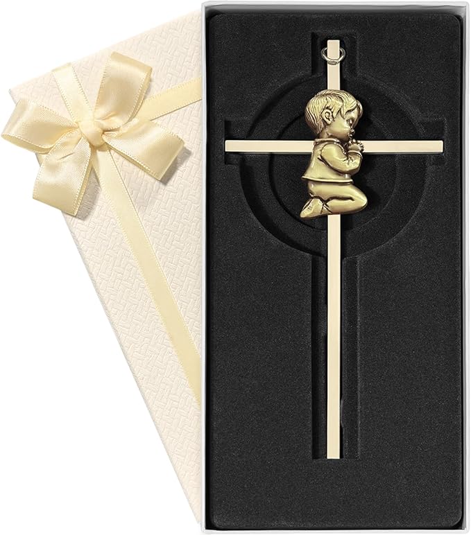 Tryuunion Baby Wall Cross Baptism Gifts for Boys and Girl, 7-inch Blessing Boy Baptism Crosses for First Holy Communion Christening and Dedication Baptismal Gifts (Gold Boy-7 in)